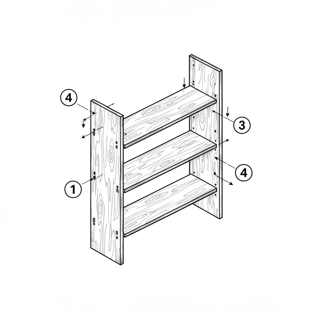 Exploded diagram of a bookshelf with numbered parts and assembly arrows